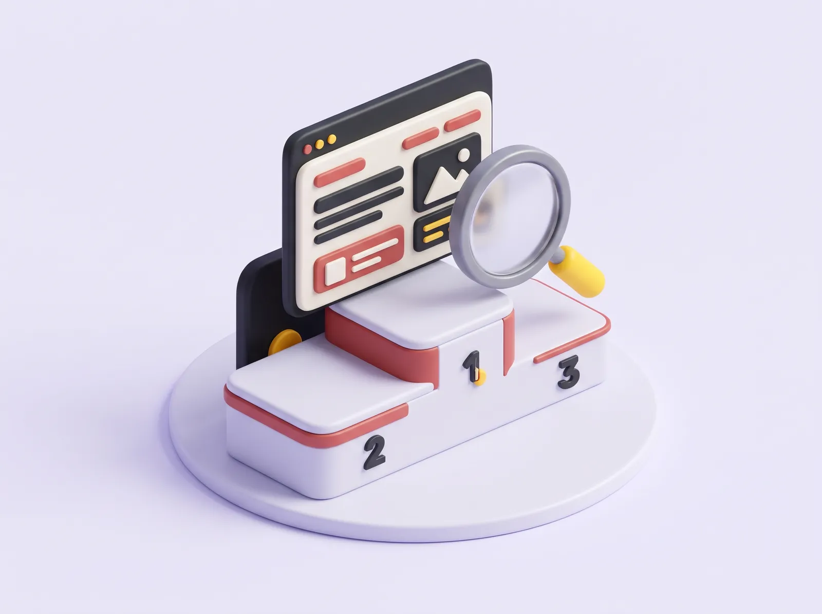 Podium de résultats de recherche avec une loupe