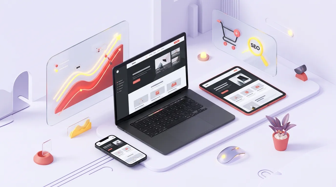 Ordinateur portable, tablette et smartphone affichant le même site, entourés de cartes de verre : courbe de visites, panier et loupe SEO