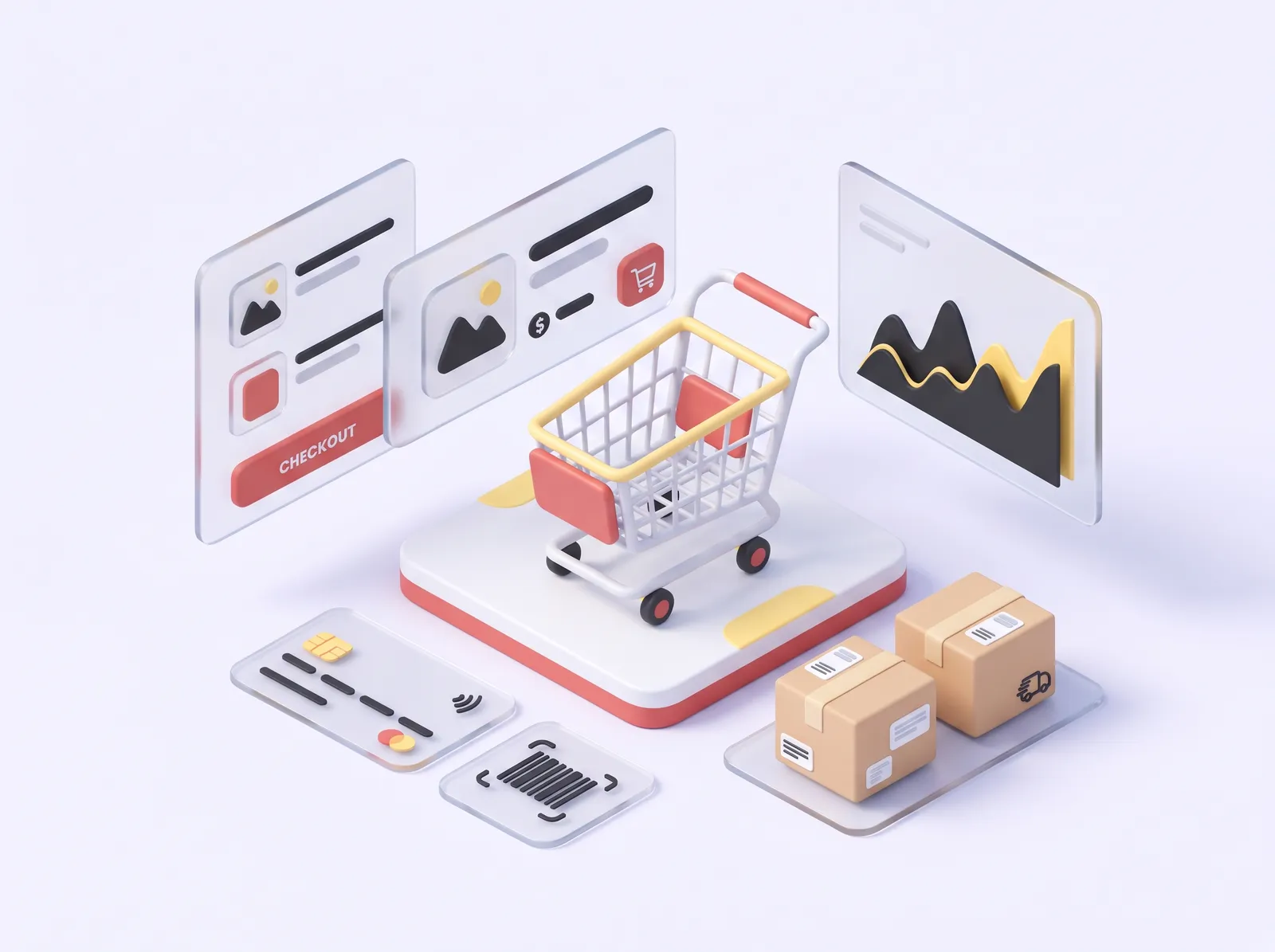 Chariot de courses devant des fiches produits, un graphique de ventes et des colis