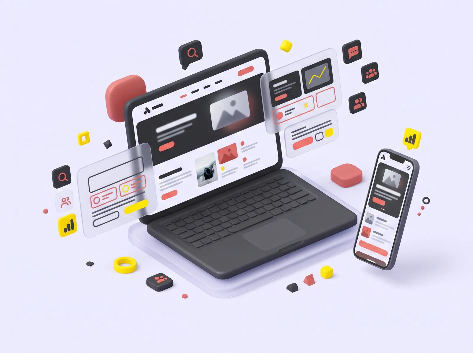 Ordinateur portable et smartphone affichant un site, entourés de blocs de mise en page