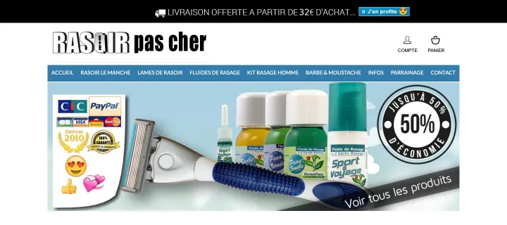 Page d'accueil du site rasoirpascher.com